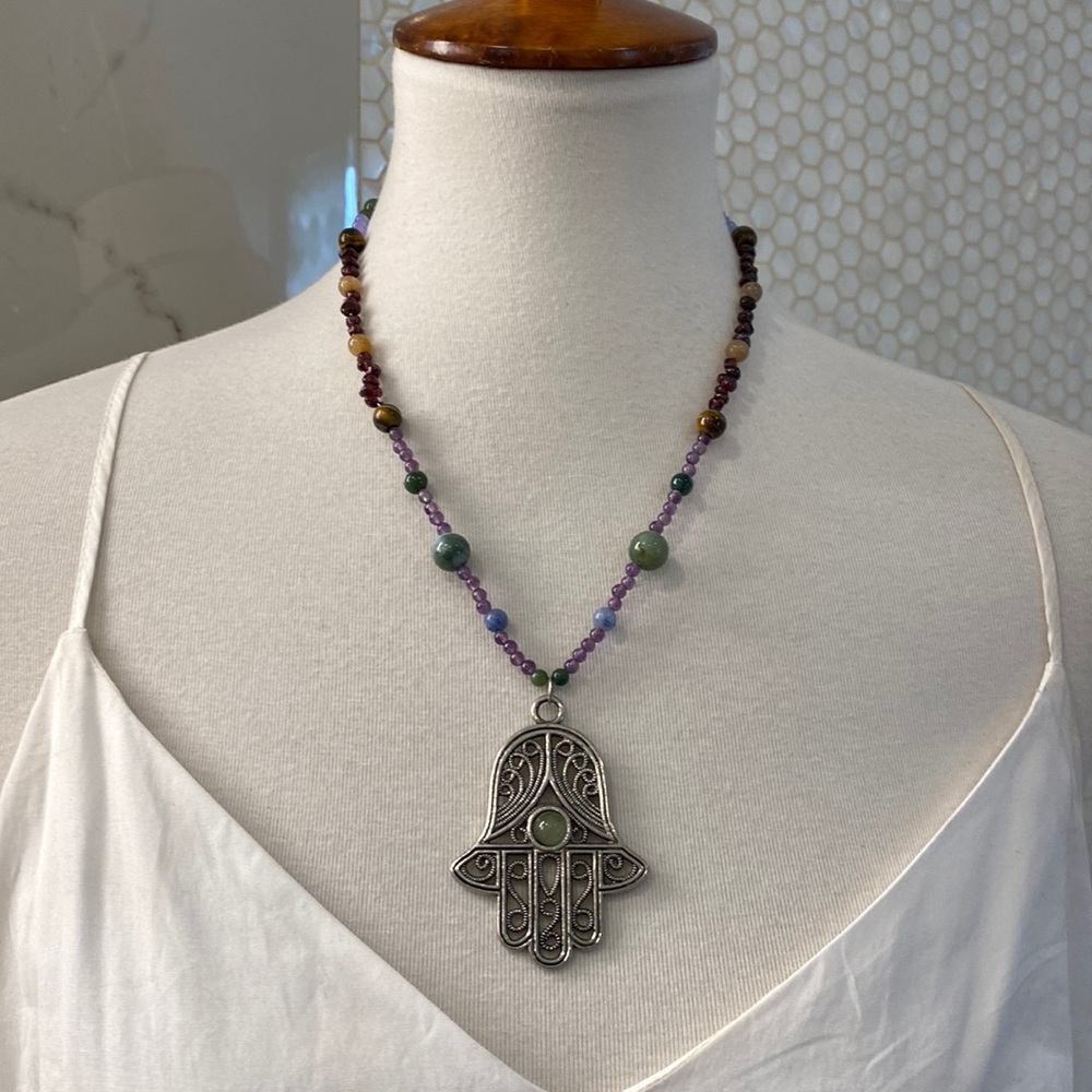 Hamsa Hand - Semi-Precious Stones Beaded Necklace - Garnet/Amethyst/Jasper, NWT